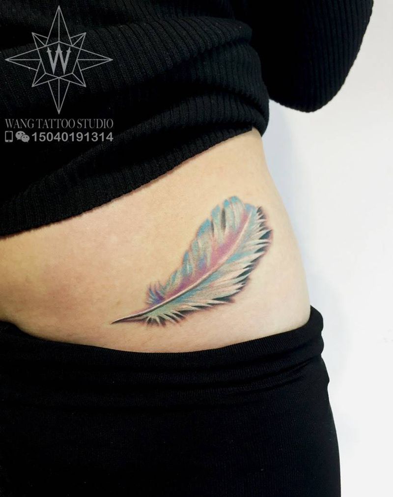 羽毛纹身图片_成品腹部欧美动物纹身图案