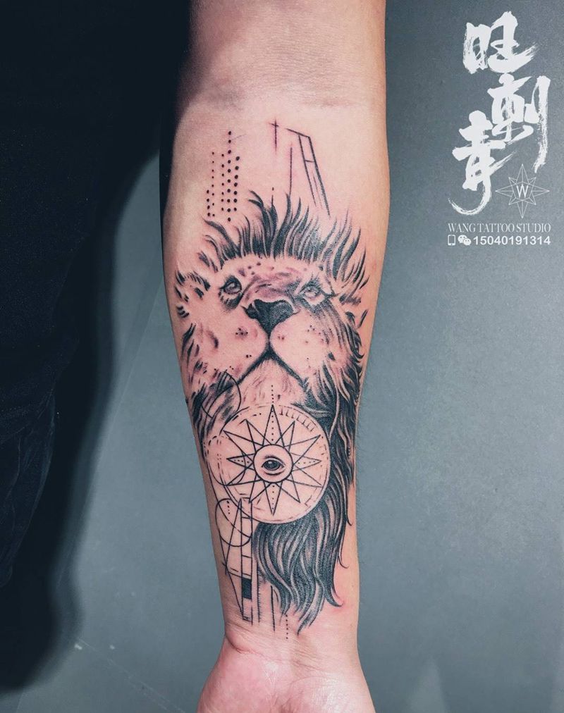 狮子头纹身图片_手臂几何狮子纹身图案