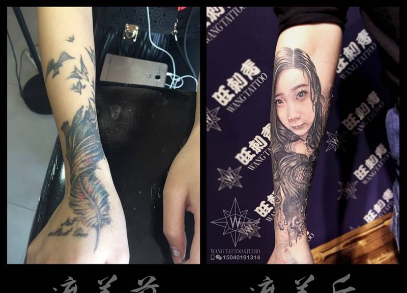 肖像玫瑰花纹身图片_成品手臂欧美清新肖像植物动物纹身图案