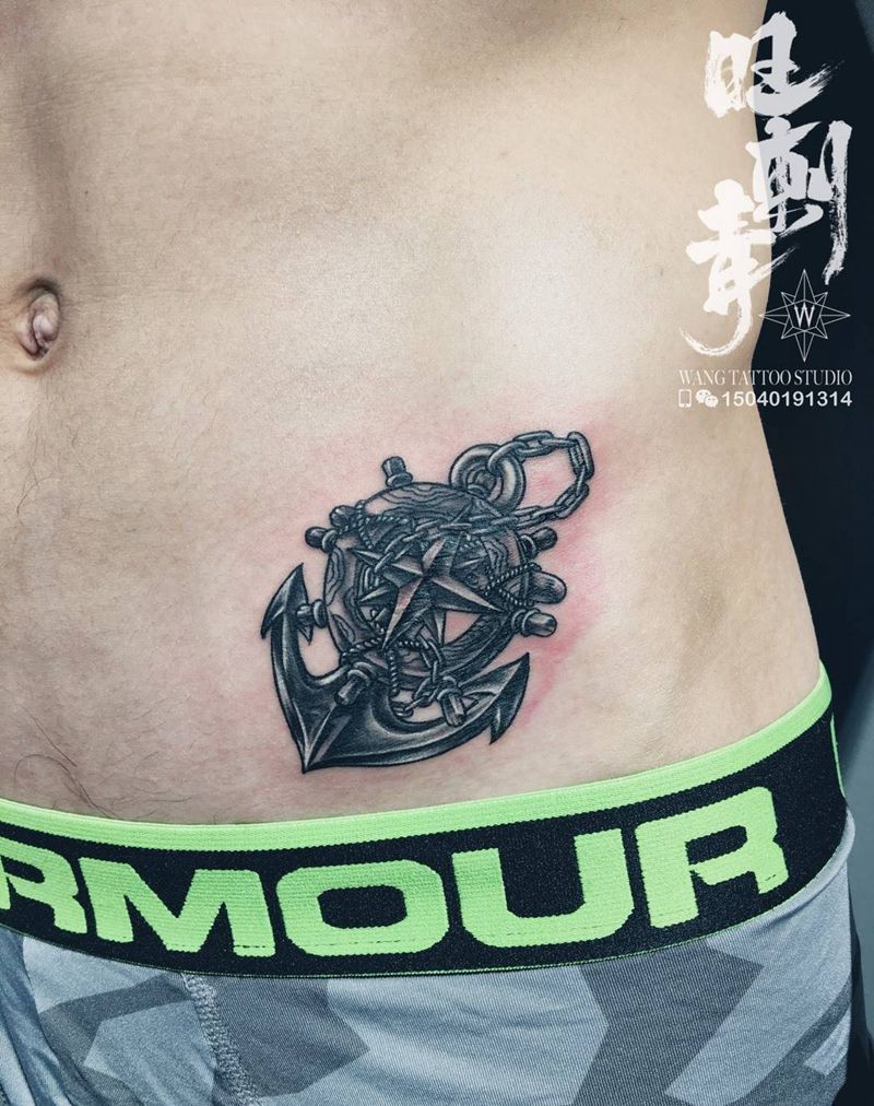 船锚纹身图片_腹部Old School纹身图案