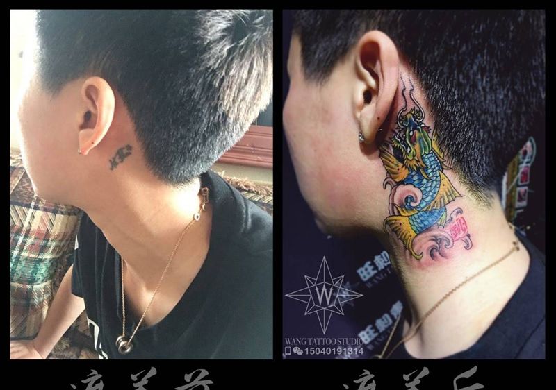 鳌鱼遮盖旧纹身纹身图片_成品耳后传统纹身图案