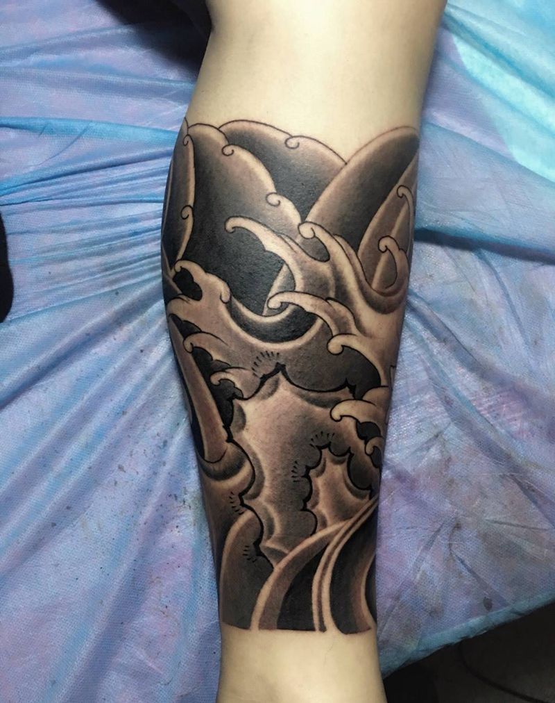 浪花纹身图片_成品原创腿部纹身图案
