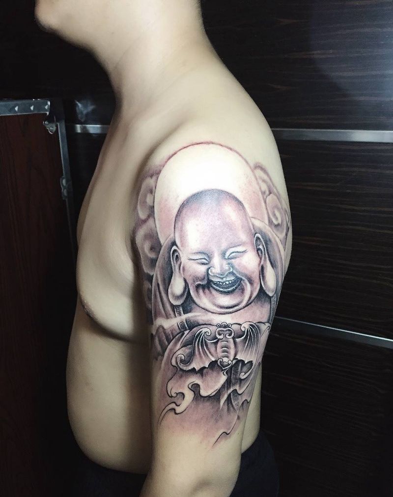 弥勒纹身图片_成品手臂传统写实人物鬼神宗教纹身图案