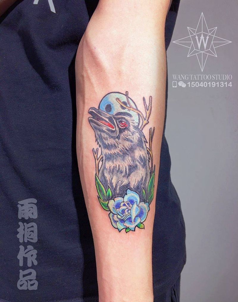 乌鸦纹身图片_成品手臂欧美动物纹身图案