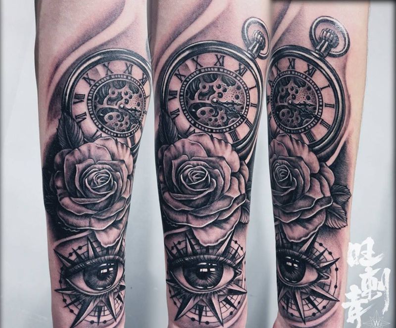 怀表 玫瑰花 全视之眼纹身图片