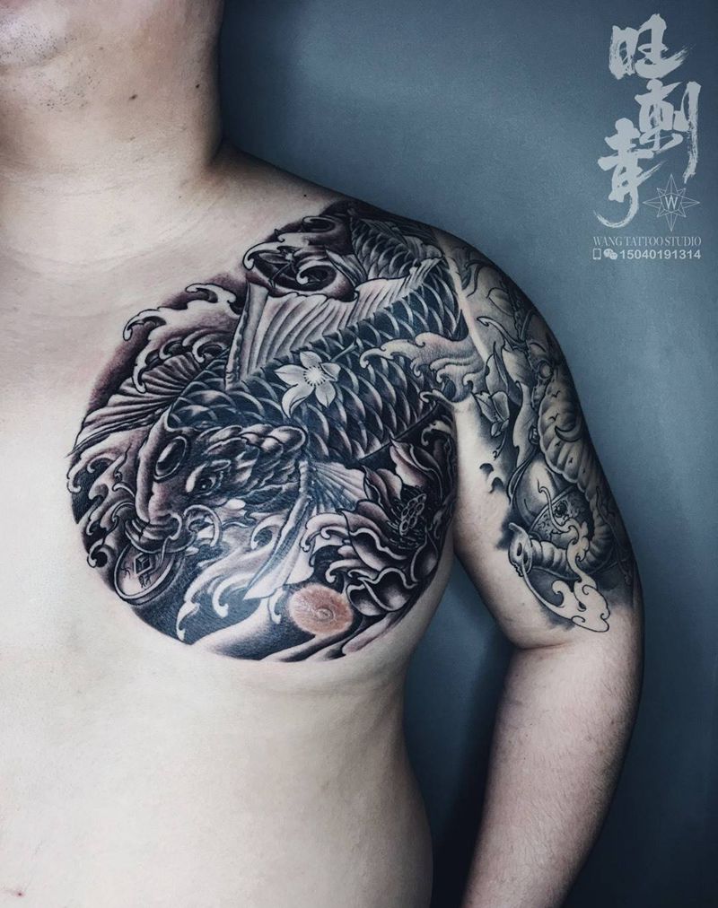 鲤鱼象神纹身图片_胸部手臂新传统纹身图案