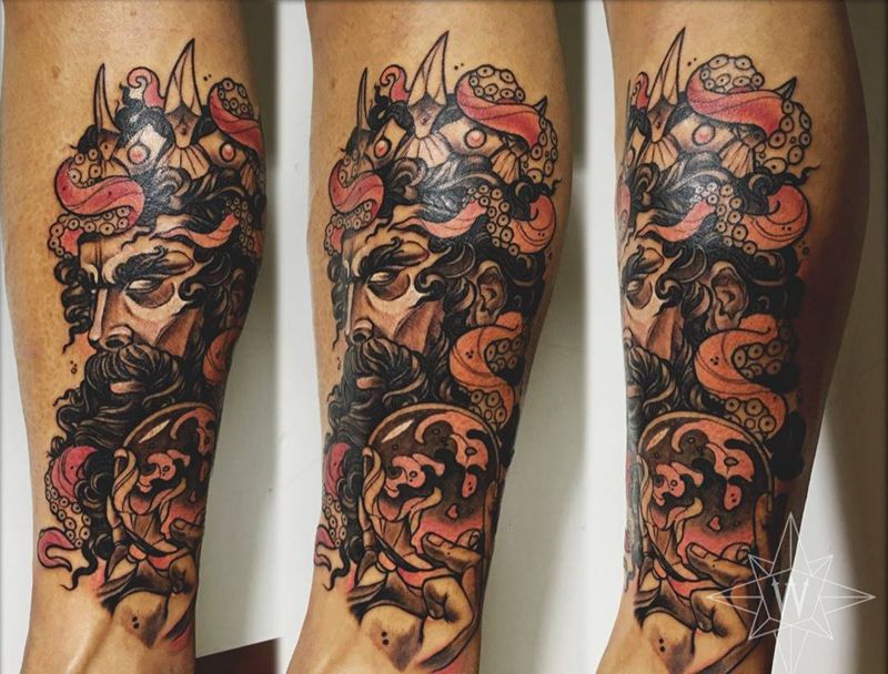 海神波塞冬纹身图片_成品腿部欧美人物鬼神纹身图案