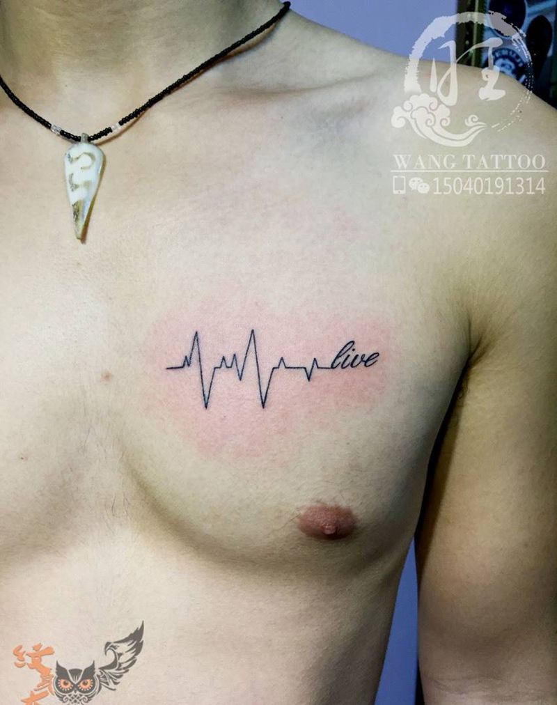 心电图英文纹身图片_成品胸部清新字符纹身图案