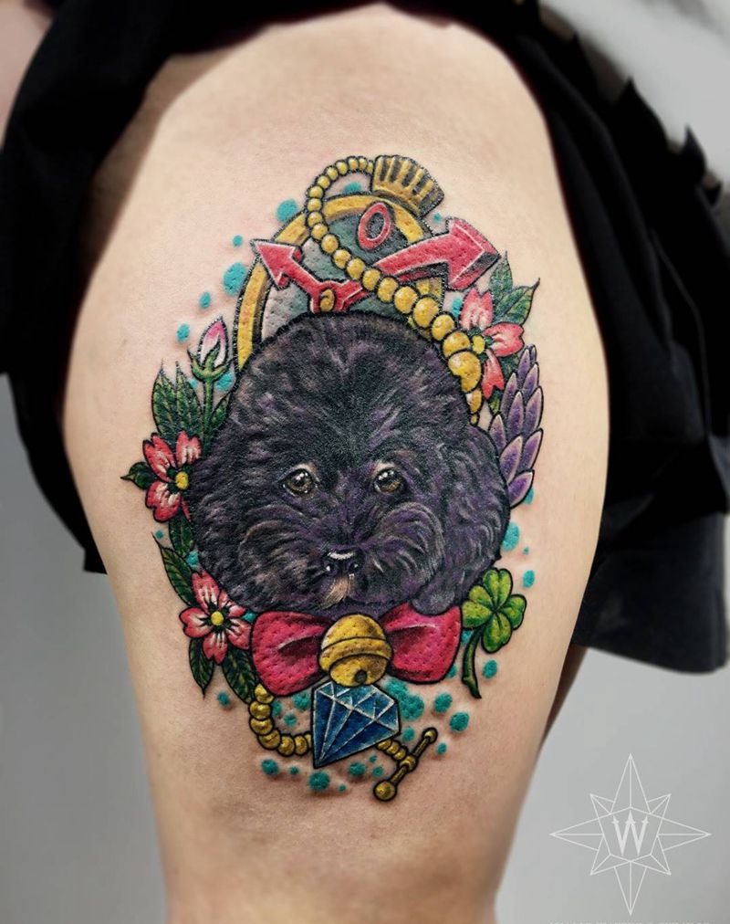 泰迪纹身图片_成品腿部欧美动物植物纹身图案