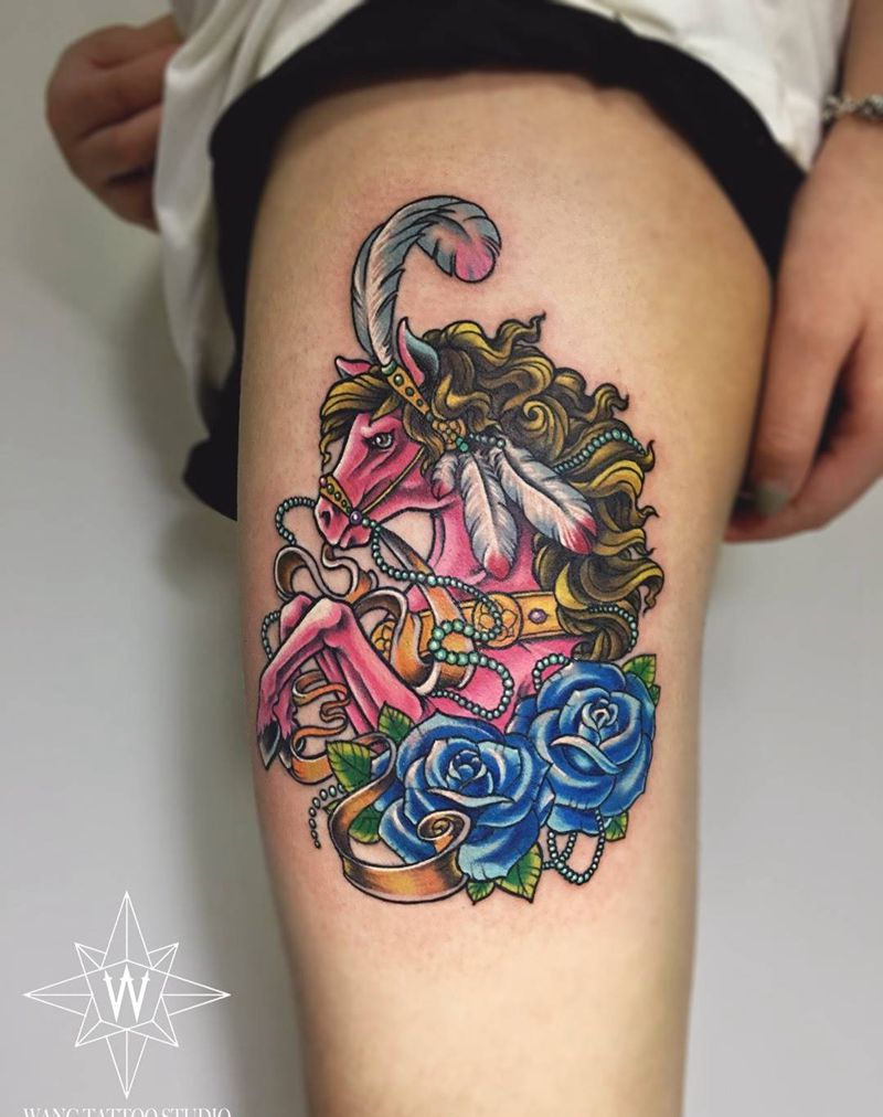 贵族大马纹身图片_成品腿部欧美动物植物纹身图案