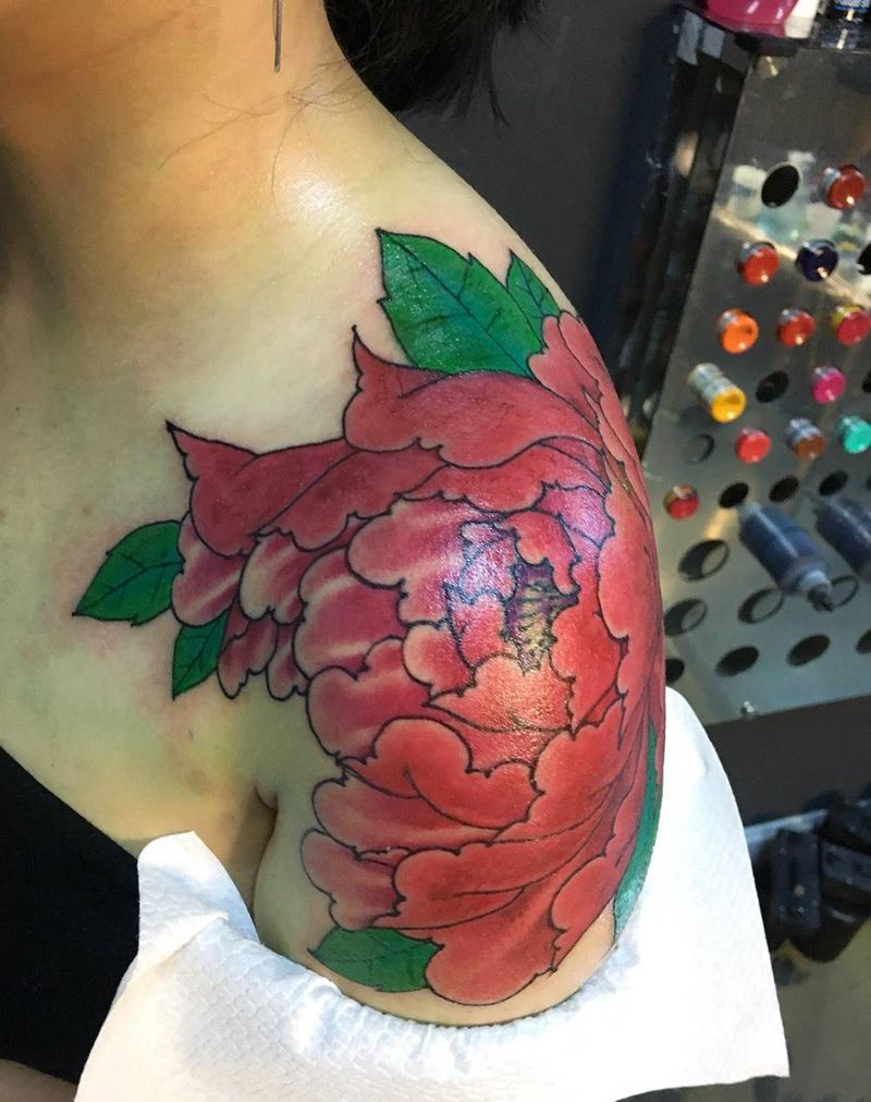 牡丹纹身图片_成品肩部传统原创植物清新纹身图案