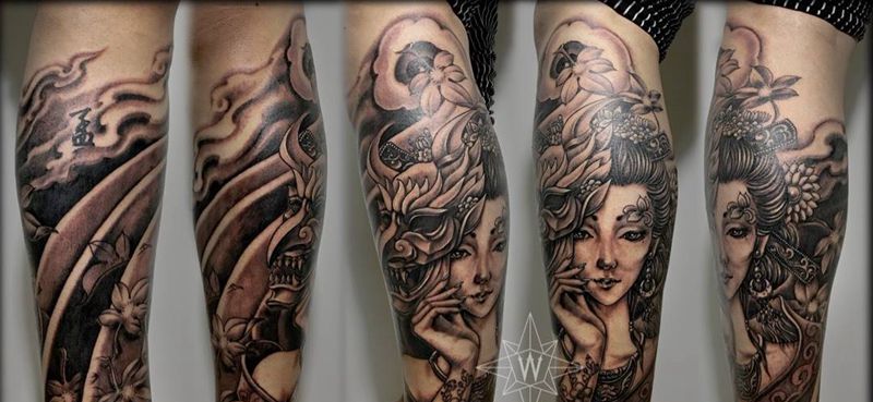 艺妓纹身图片_成品传统肖像人物脚部纹身图案