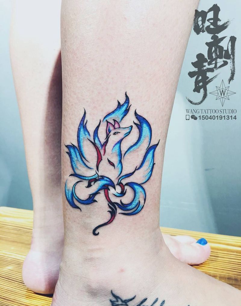 九尾狐纹身图片_成品欧美动物脚踝纹身图案