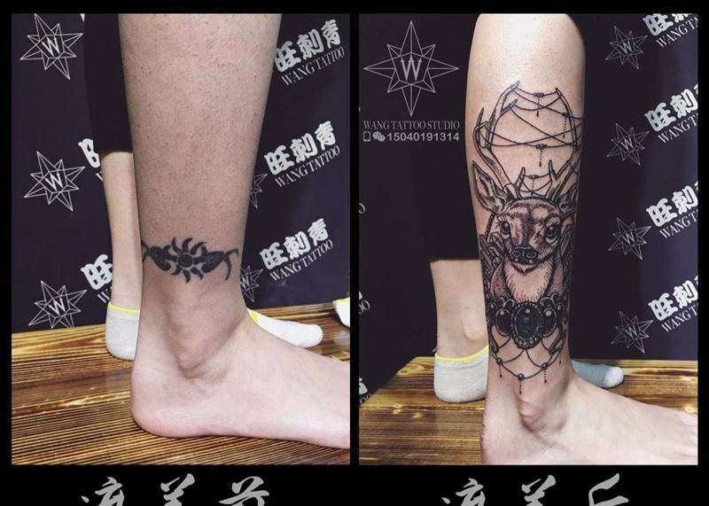 麋鹿纹身图片_成品腿部欧美动物清新纹身图案