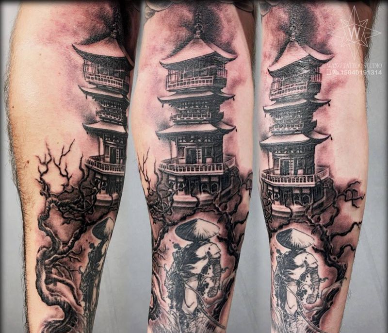 宝塔纹身图片_成品手臂欧美传统建筑纹身图案