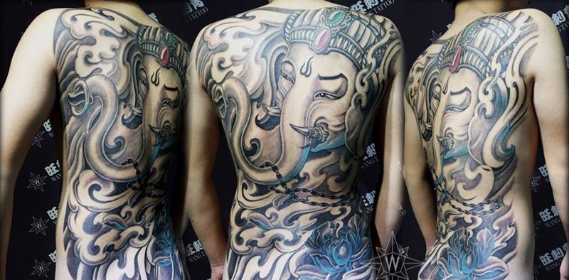 象神纹身图片_成品背部传统鬼神纹身图案