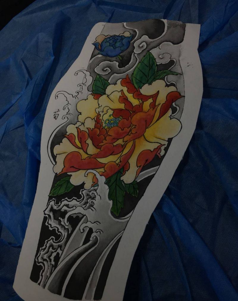 牡丹纹身图片_手稿传统手臂腿部纹身图案