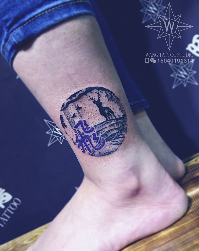 林间小鹿纹身图片_成品腿部欧美清新植物动物字符纹身图案