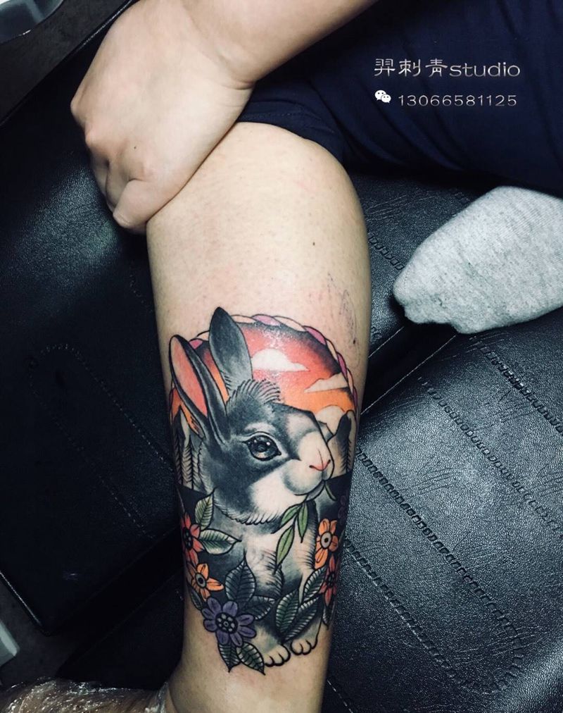 遮盖欧美兔子纹身图片_成品欧美动物腿部纹身图案