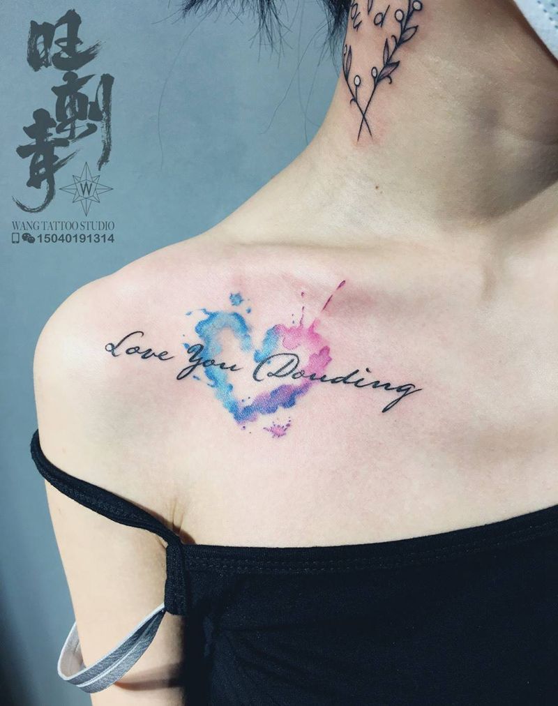 心纹身图片_颈部胸部水彩Old School纹身图案