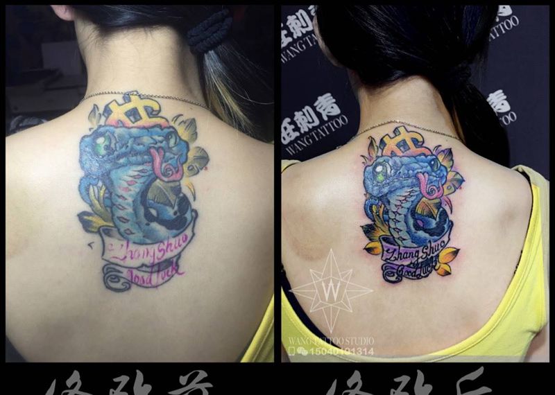 蛇头纹身图片_成品颈部欧美动物纹身图案