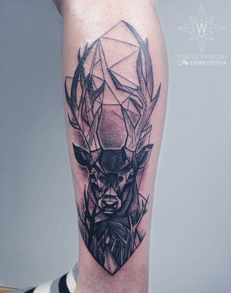 鹿头纹身图片_成品腿部欧美清新动物纹身图案