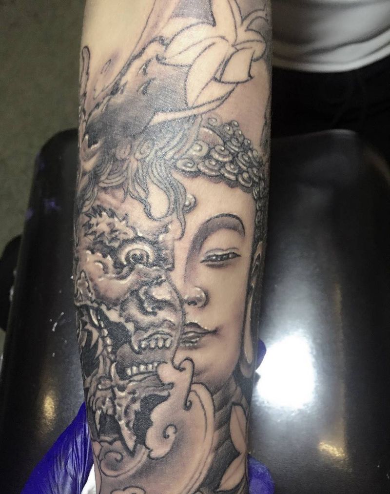 佛纹身图片_成品手臂传统人物鬼神动物纹身图案