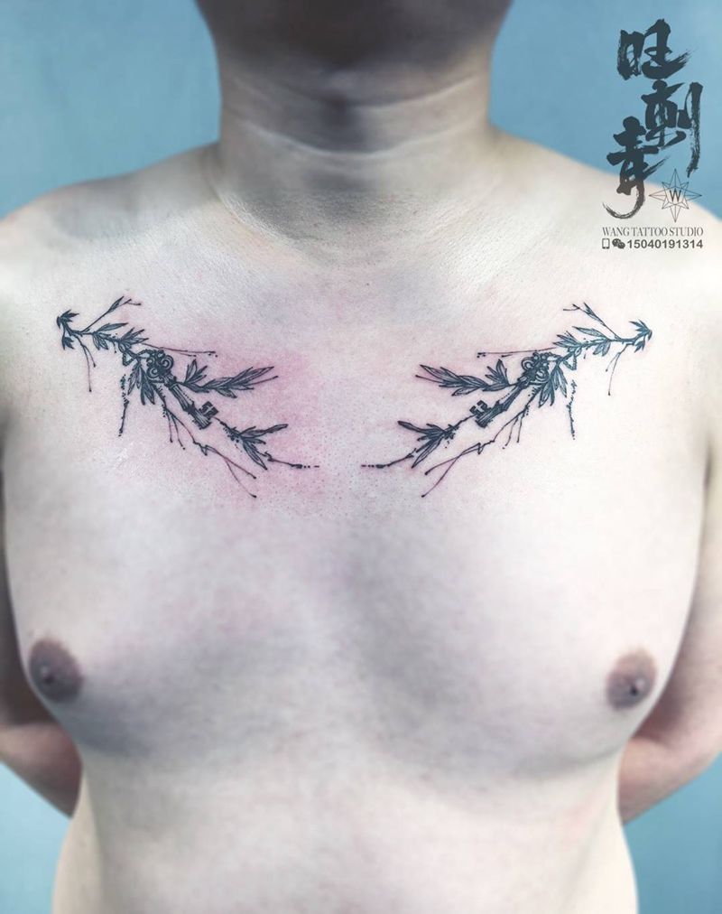 竹子钥匙纹身图片_成品胸部传统国画纹身图案