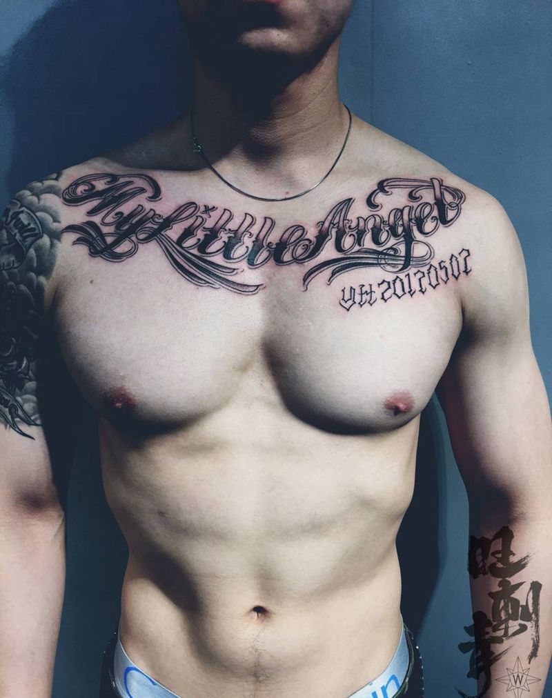 花体字纹身图片_成品胸部欧美字符纹身图案