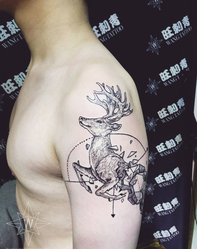 麋鹿纹身图片_成品手臂欧美几何动物纹身图案