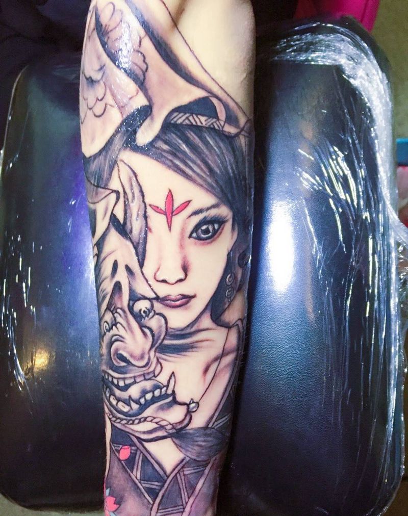 艺妓般若纹身图片_成品手臂人物传统纹身图案