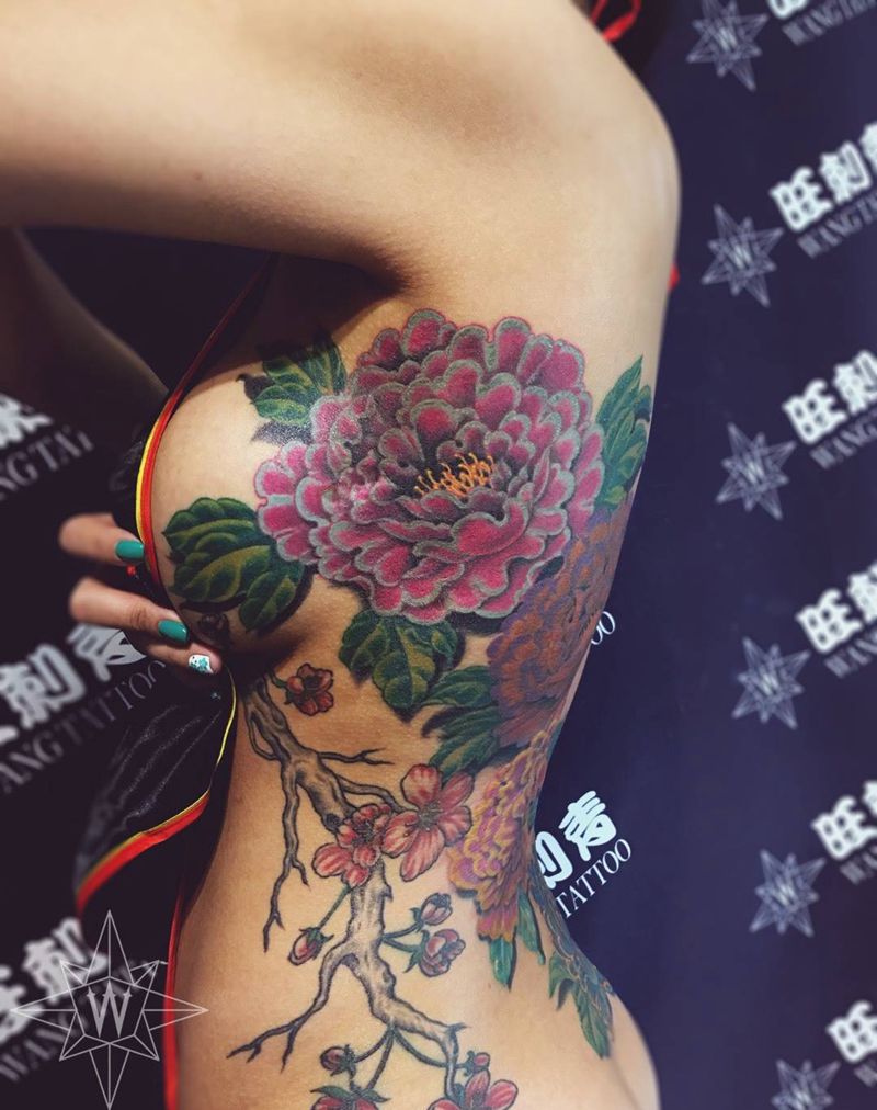 富贵牡丹纹身图片_成品胸部背部腰部臀部传统国画植物纹身图案