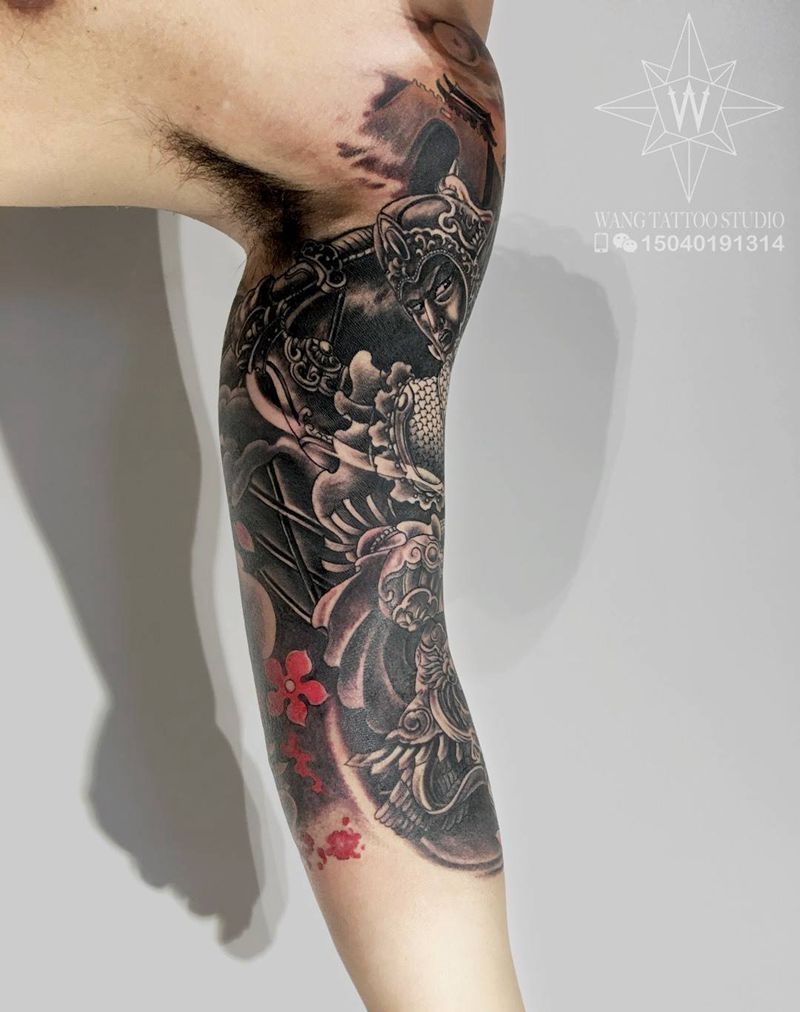 赵云七分袖纹身图片_成品手臂传统人物纹身图案