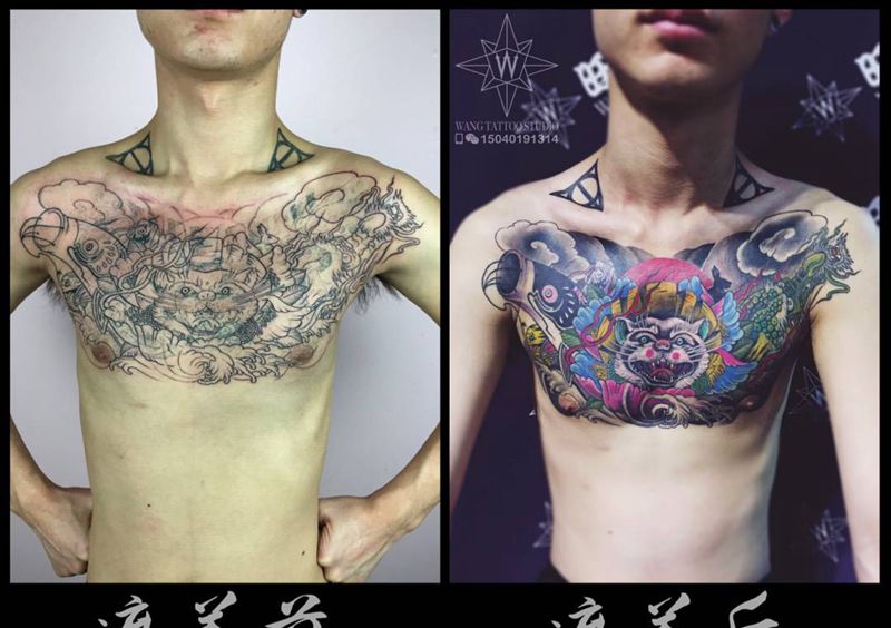日式花胸纹身图片_成品胸部传统几何字符动物鬼神纹身图案