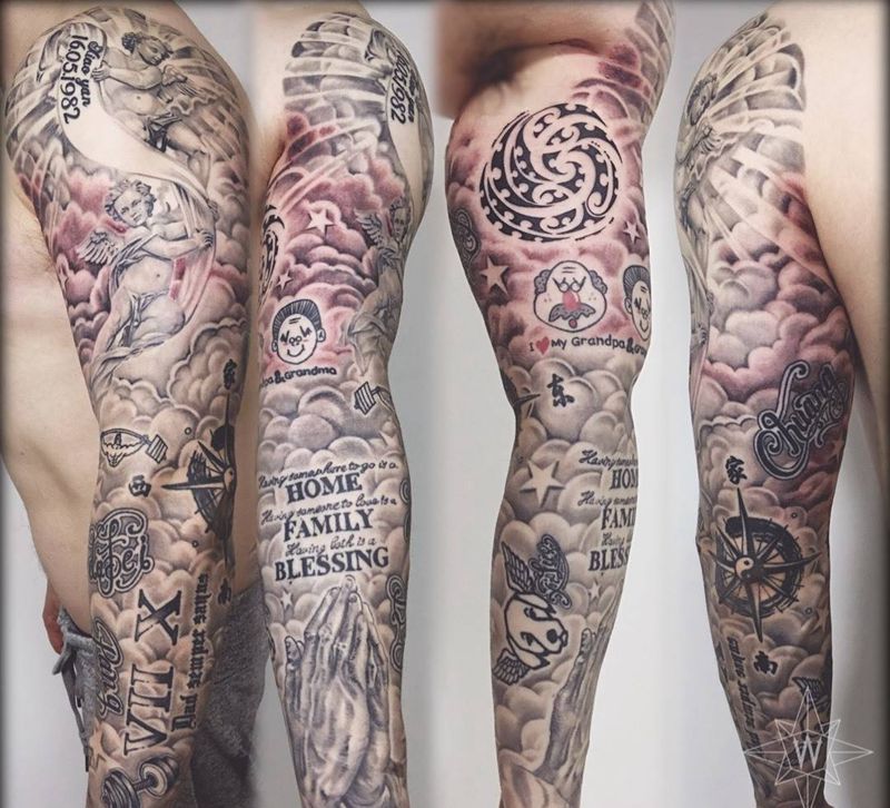 欧美花臂纹身图片_成品手臂欧美几何字符动物鬼神人物图腾纹身图案