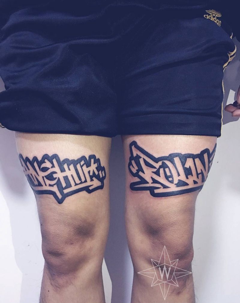 涂鸦文字sanshui rollni纹身图片_成品腿部欧美字符纹身图案