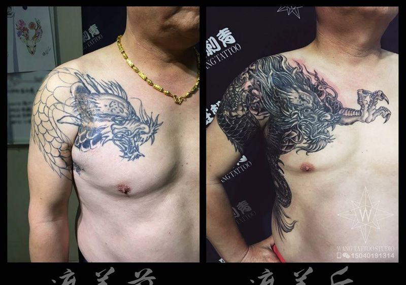 修改遮盖披肩龙纹身图片_成品胸部手臂腹部传统鬼神纹身图案