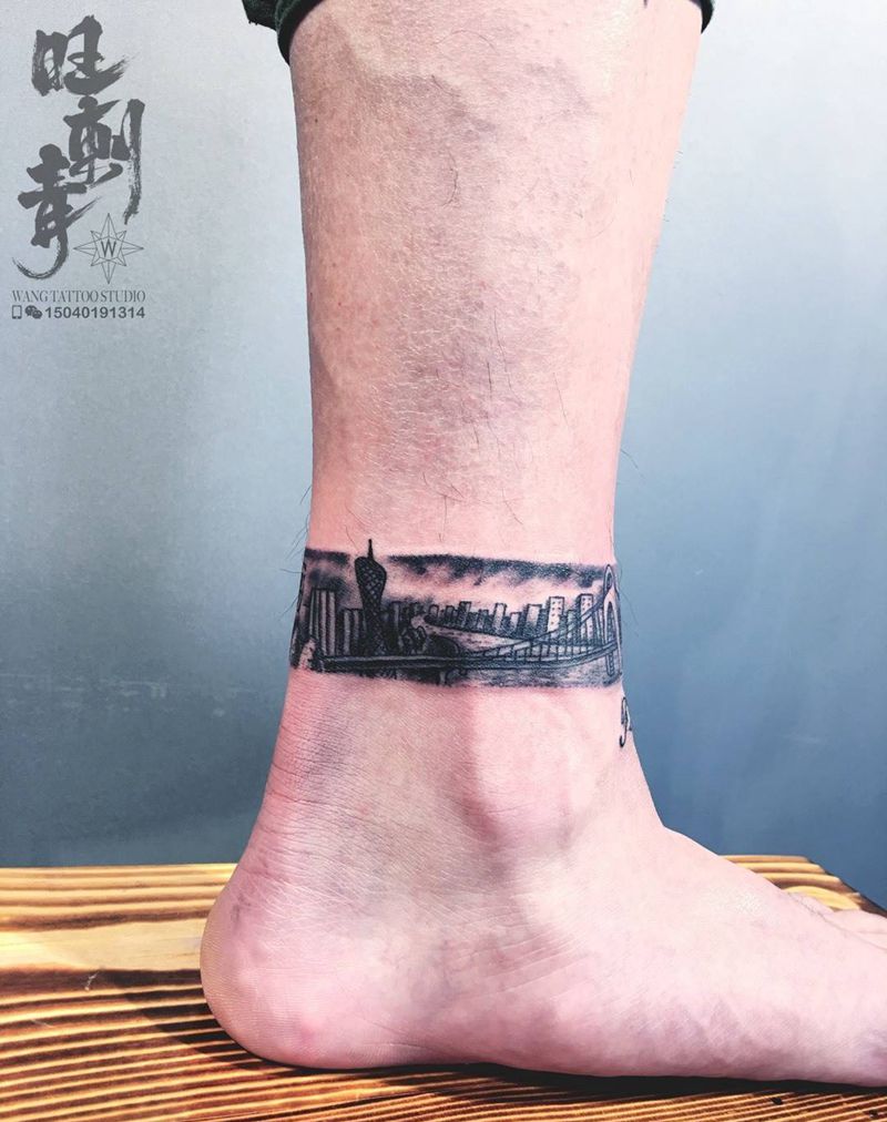广州风光纹身图片_成品清新传统脚踝纹身图案