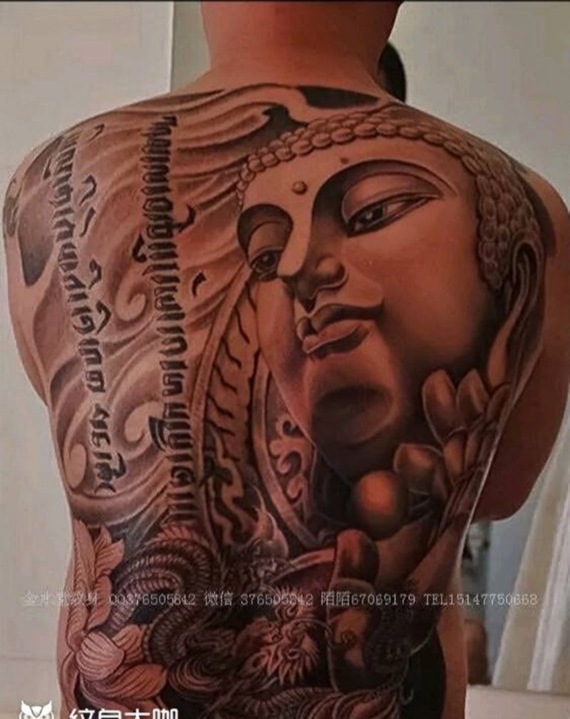 大佛纹身图片_背部佛像满背梵文纹身图案