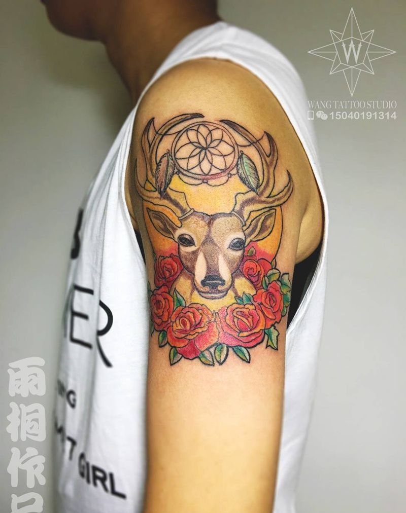 鹿头纹身图片_成品手臂腿部欧美动物纹身图案