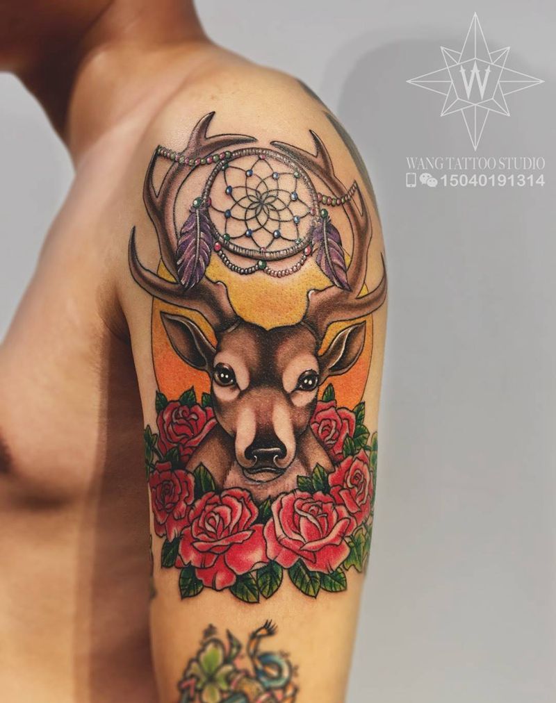 鹿头纹身图片_成品手臂欧美植物动物纹身图案