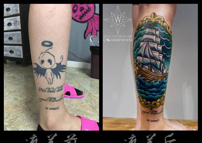 镜中帆船纹身图片_成品腿部欧美纹身图案