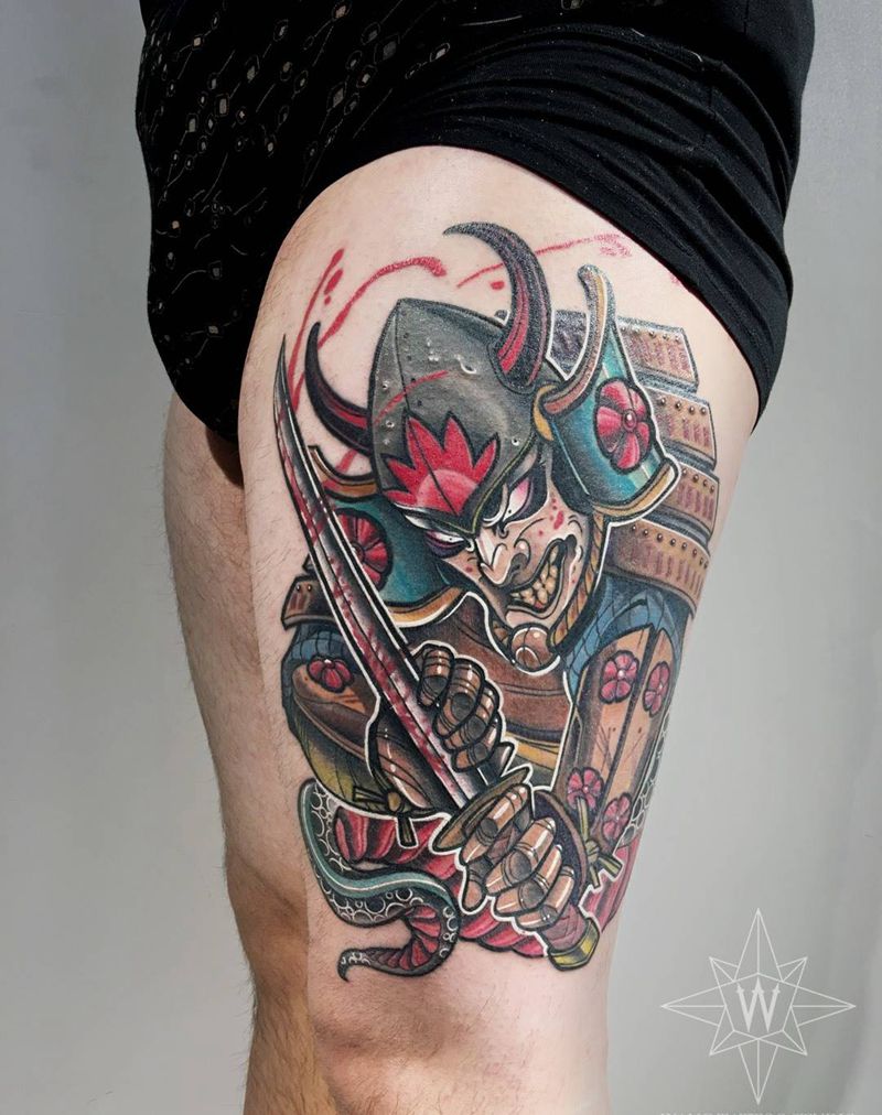 武士纹身图片_成品腿部欧美人物纹身图案