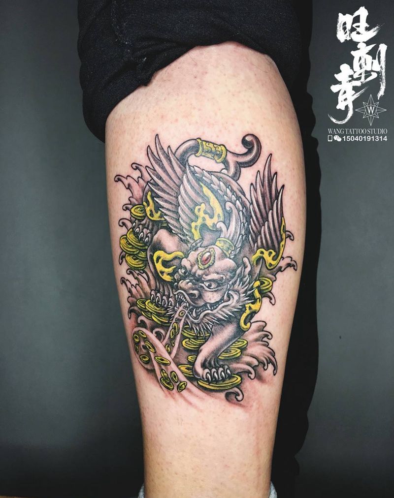 貔貅纹身图片_腿部新传统纹身图案