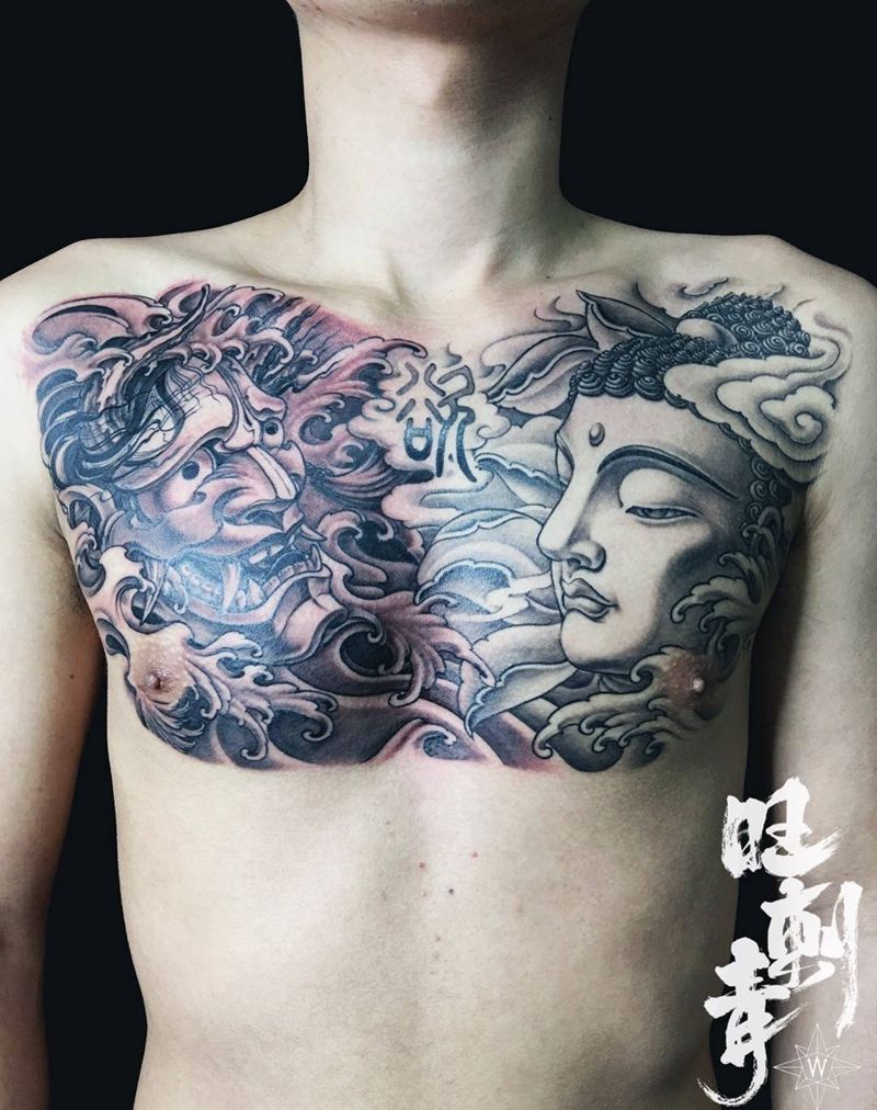 佛魔花胸纹身图片_胸部新传统纹身图案