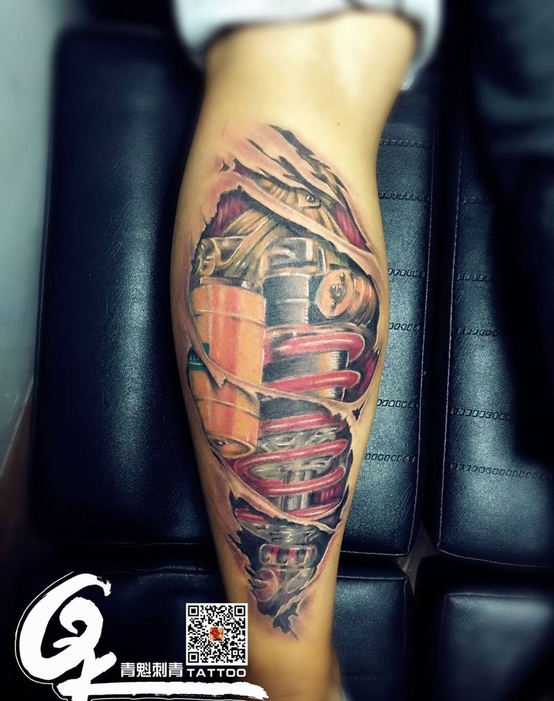 机械纹身图片_欧美腿部成品纹身图案