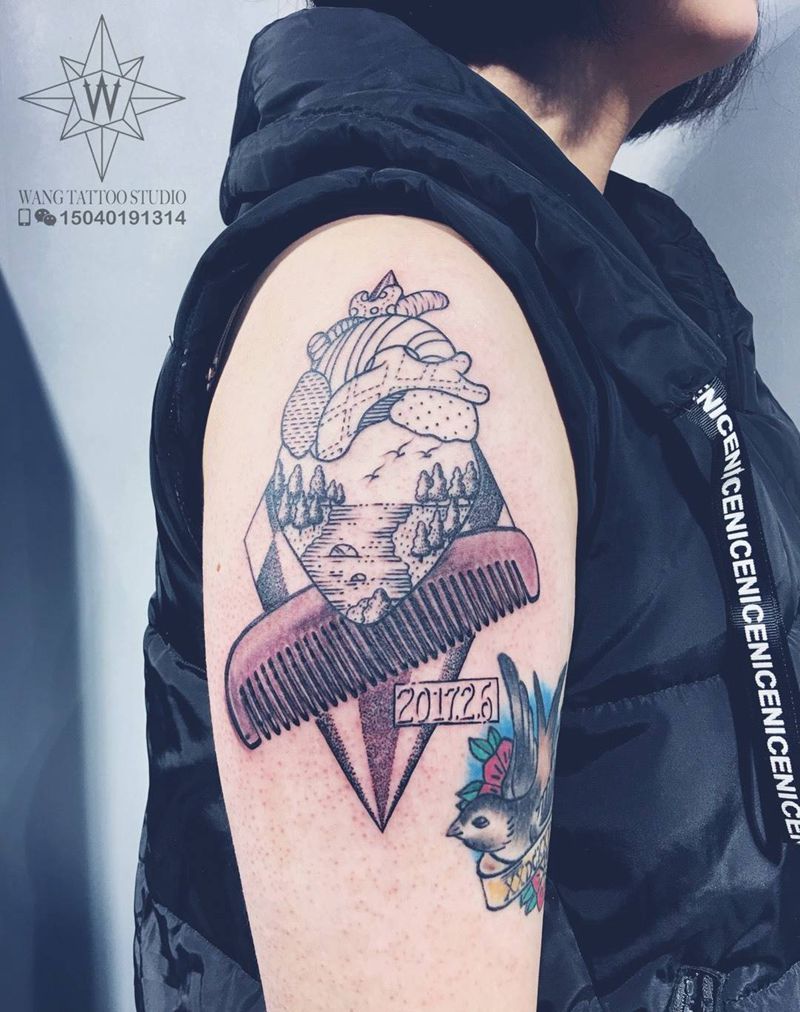 心脏梳子纹身图片_成品手臂欧美纹身图案