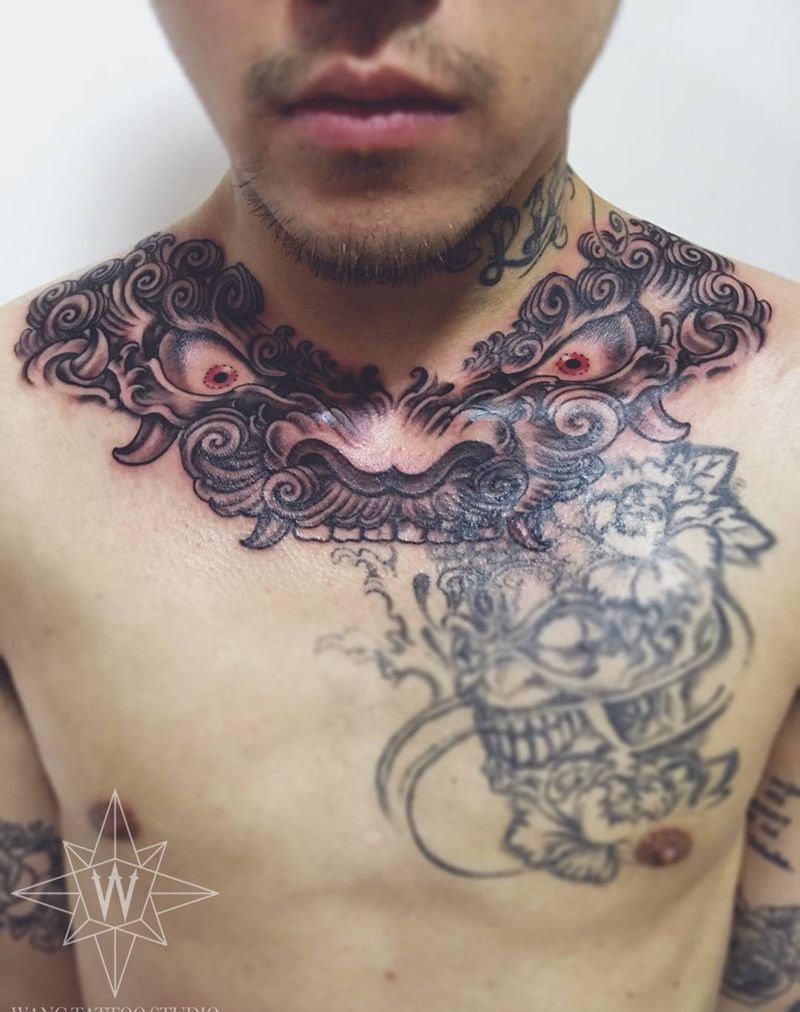 狮子头纹身图片_成品颈部胸部传统动物纹身图案