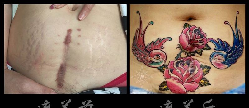 剖腹产疤痕遮盖纹身图片_成品腹部欧美动物植物纹身图案