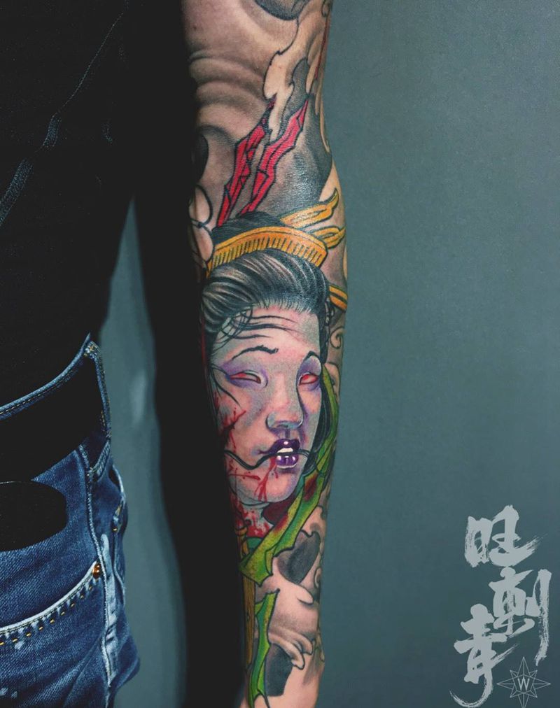 生首纹身图片_成品手臂传统人物纹身图案